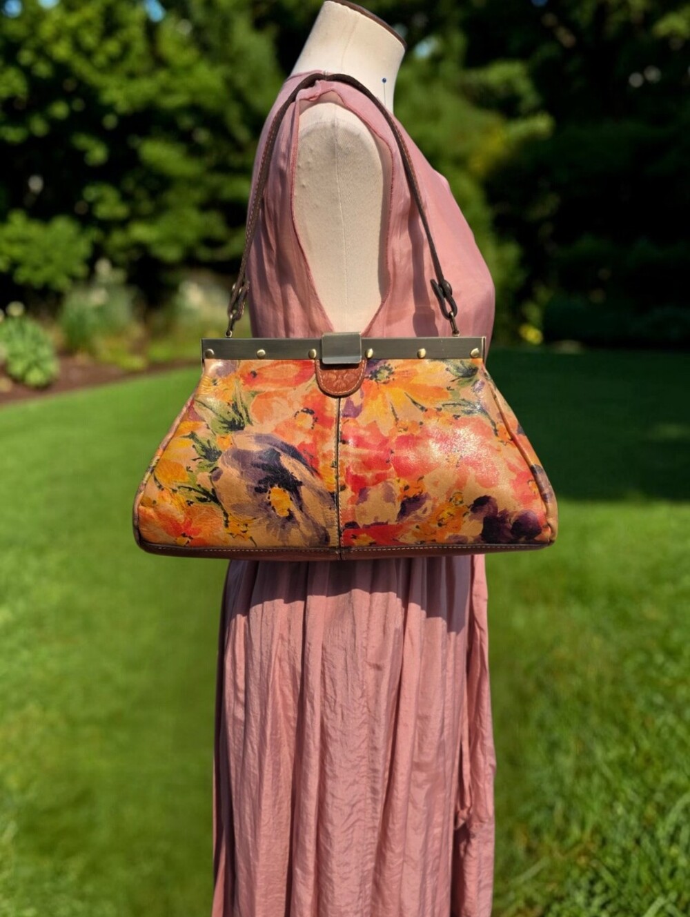 Patricia Nash Ferrara Floral Italian Leather Frame Satchel Shoulder Bag